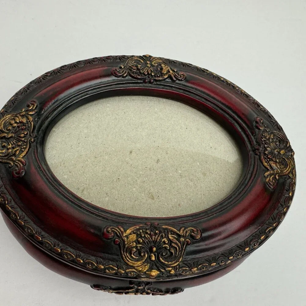 Vintage  Wooden Oval  Jewelry Box  Lid - Picture Frame Green Velvet